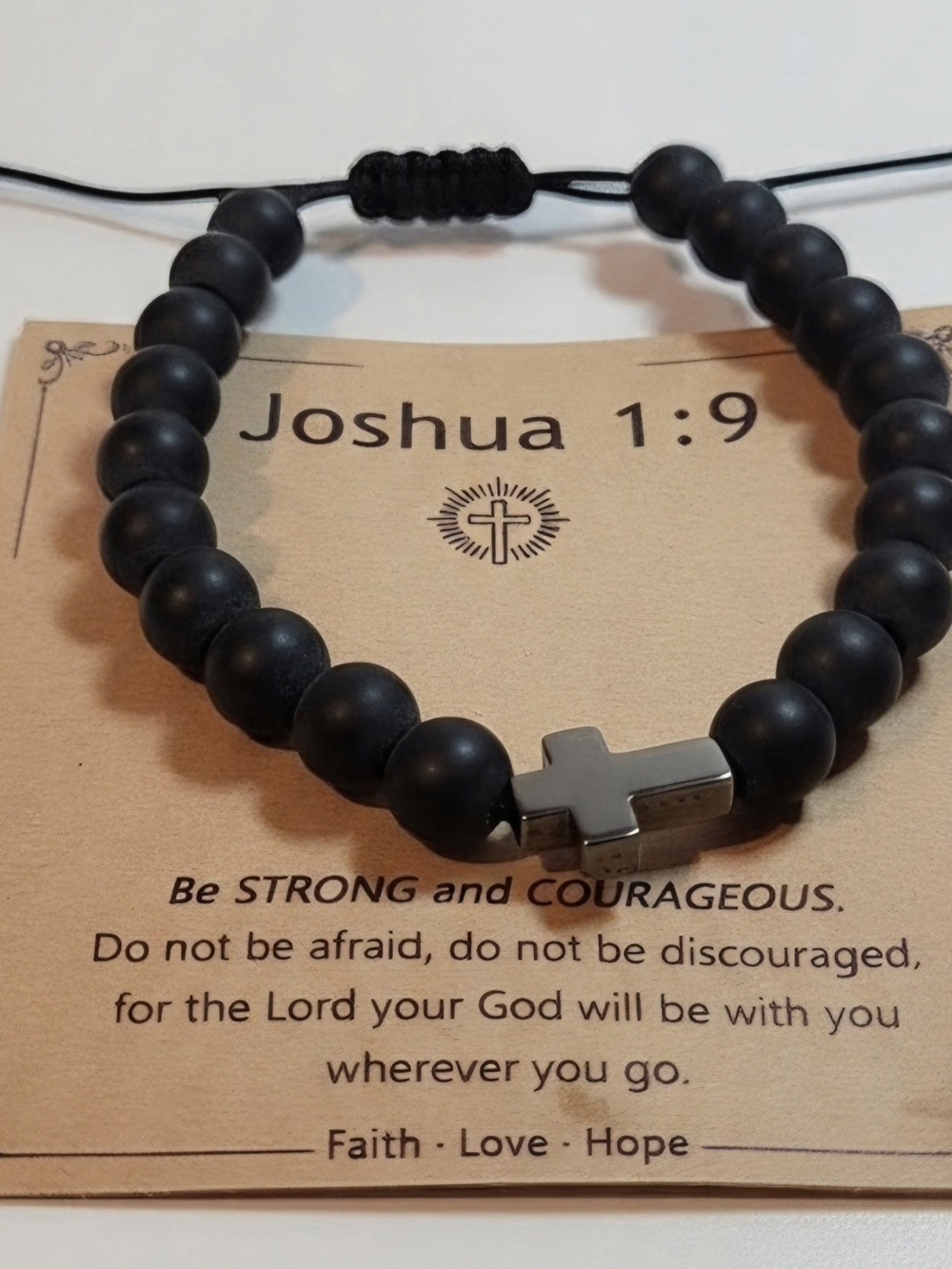 Matte Black Bead Bracelet with Cross Accent - Religious Wrist Jewelry
